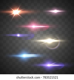 Set of realistic light flare. Shining Collection, bright headlights. Vector illustration.