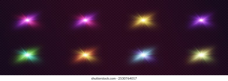 Set of realistic light flares, neon flashes of stars and light.