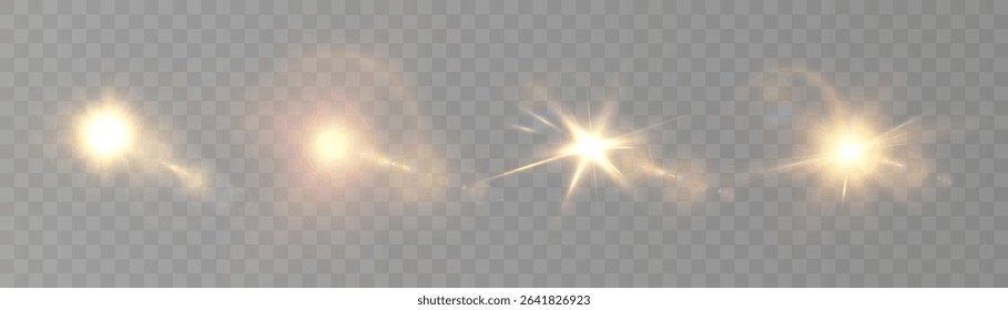 A set of realistic light flashes with soft halos and glares on a transparent background. Glowing effects with rays and glares.