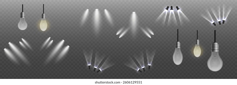Set of realistic light flashes and light source. Spotlight and lines light.