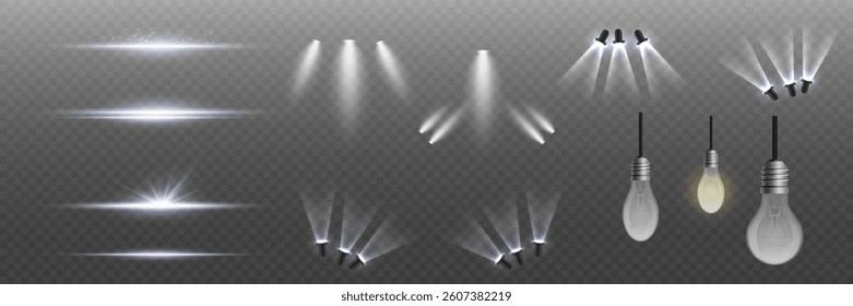 Set of realistic light flashes and light source. Spotlight and lines light.