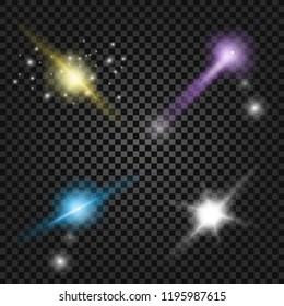 Set of realistic light glare, highlight. Glowing light effects