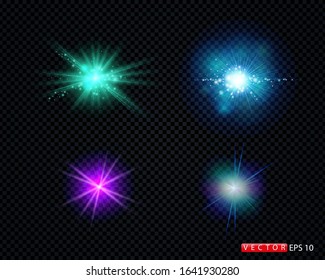 Set of realistic light glare, highlight. Collection of beautiful bright lens flares of different colors. Lighting effects of flash. Vector illustration.