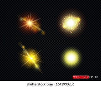Set of realistic light glare, highlight. Collection of beautiful bright lens flares of different colors. Lighting effects of flash. Vector illustration.