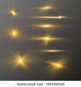 Set of realistic light glare, highlight. Collection of beautiful bright lens flares. Lighting effects of flash. Golden glitter shining stars, sun sparks  on transparent background. Vector EPS10