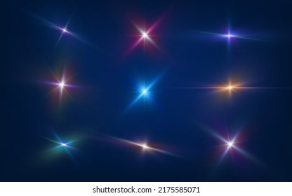 Set of realistic light glare, highlight. Collection of beautiful bright lens flares. Lighting effects of flash. Vector illustration