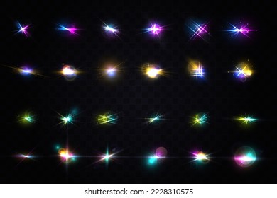 Set of realistic light glare, highlight. Glowing effects. Photography camera light or sunlight reflection from lens. Stars in space. Isolated glints set.