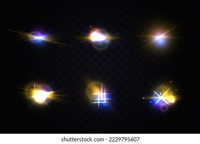 Set of realistic light glare, highlight. Glowing effects. Photography camera light or sunlight reflection from lens. Stars in space. Isolated glints set.