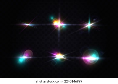 Set of realistic light glare, highlight. Glowing effects. Photography camera light or sunlight reflection from lens. Stars in space. Isolated glints set.