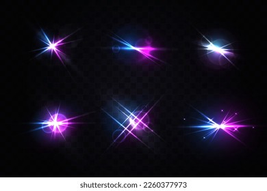 Set of realistic light glare, highlight. Glowing effects. Photography camera light or sunlight reflection from lens. Stars in space. Isolated glints set.