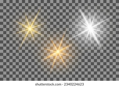 Luminosidad realista, resaltado. Colección de bellos bengalas luminosas. Efectos de iluminación del flash. Estrellas brillantes plateadas, brillantes chispas sobre fondo transparente. EPS10 vectores