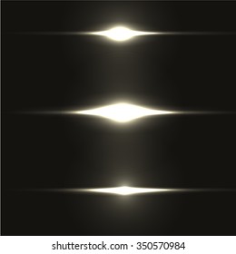Set of realistic light glare, highlight. Collection of beautiful bright lens flares of different colors. Lighting effects of flash. Vector illustration.