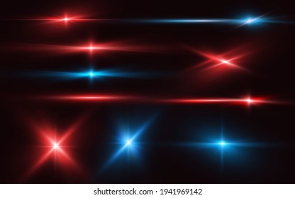 Set of realistic light glare, neon highlight. Collection of bright lens flares. Lighting effects of flash. Red and blue glitter shining stars, glowing sparks isolated on black background. Vector EPS10 - Shutterstock ID 1941969142