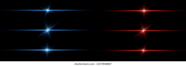 Set of realistic light glare, neon highlight. Collection of bright lens flares. Lighting effects of flash. Red and blue glitter shining stars, glowing sparks isolated on black background. Vector EPS10