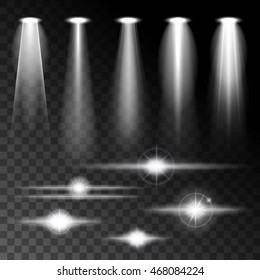 Set realistic light shine bright glare of lamps, a set of various shapes and projections on a dark background. Abstract vector illustration.