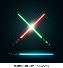 Set of realistic light swords. Crossed sabers. Vector illustration isolated on dark background