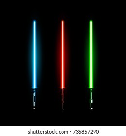 Set of realistic light swords. Vector illustration isolated on dark background