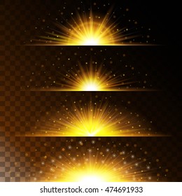 Set realistic lighting effects. Glowing star. Light and glitter on a transparent background. Shining magical border of yellow balls. Vector illustration