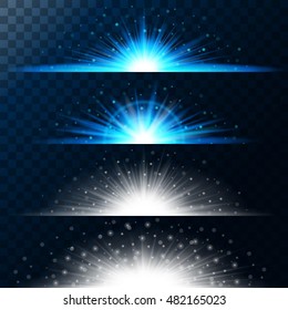 Set realistic lighting effects. Glowing star. Light and glitter on a transparent background. Shining magical border of yellow balls. Vector illustration.
