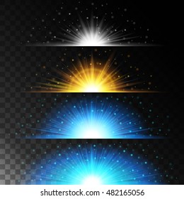 Set realistic lighting effects. Glowing star. Light and glitter on a transparent background. Shining magical border of yellow balls. Vector illustration.