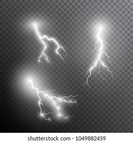 Set of realistic lightning bolts. Transparent light vector