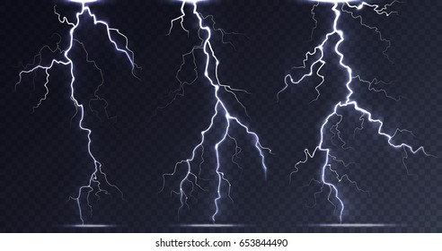 Set of realistic lightning for design. Storm. Bright effects. Vector illustration