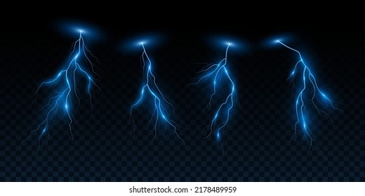 Set of realistic lightning effects isolated on dark transparent background. Thunderbolt with light effect. Energy flow. Thunderstorm collection for your design. Vector illustration. EPS 10