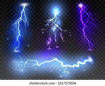 Set of realistic lightnings on transparent background. Thunder-storm and thunderbolt for design. Vector illustration.