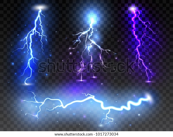 透明な背景にリアルな照明のセット 雷雨と雷が計略に向かって鳴る ベクターイラスト のベクター画像素材 ロイヤリティフリー