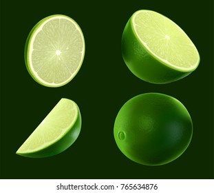 a set of realistic lime illustration separated in many state ssuch as a lime cut in half, piece of fruit, sliced in a piece, full fruit isolated on dark green.
