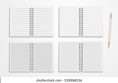 Set Of Realistic Line Notebooks. Blank Padded Diary Sketchbook With Dots And Lines For Writing And Painting Empty Templates. Vector Illustration. Isolated On White Background.