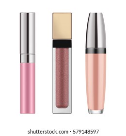Set of realistic lip gloss. Mock-up of packages for decorative cosmetic product. Makeup for beauty face and beautiful lip. Vector illustration isolated on white