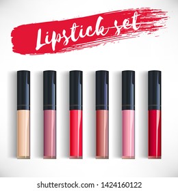 Set of realistic lip gloss tube different colors. Lip cream plastic transparent 3d template packaging isolated on white background. Red, wine, pink, beige lipsticks. Vector illustration