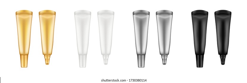Set of realistic lip glossy balm tube mockups - white, silver, gold, black. Plastic package design. Blank cosmetic and skin care template. Isolated 3d vector illustration