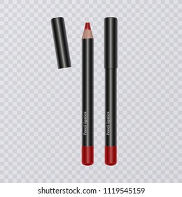 Set of realistic lip pencils on transparent background, lip liners of bright red color, vector illustration