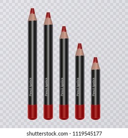 Set of realistic lip pencils on transparent background, lip liners of bright red color, vector illustration