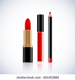 Set of Realistic lip stick, lip gloss and pencil  Package Design Premium Cosmetic Ads mock up template. 3D Realistic Vector Illustration.
