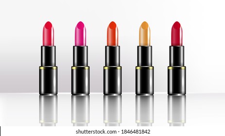 Set of realistic lipsticks assortment set with black tube.