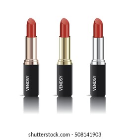 Set of realistic lipsticks with reflection isolated on white background, mock up, vector illustrator