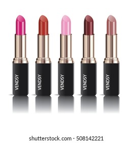 Set of realistic lipsticks with reflection isolated on white background, mock up, vector illustrator