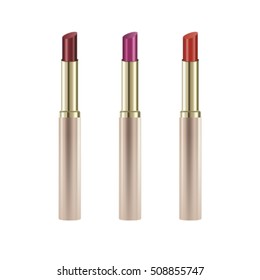 Set of realistic lipsticks with reflection isolated on white background, mock up, vector illustrator