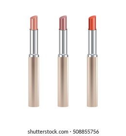 Set of realistic lipsticks with reflection isolated on white background, mock up, vector illustrator
