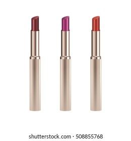 Set of realistic lipsticks with reflection isolated on white background, mock up, vector illustrator