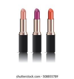 Set of realistic lipsticks with reflection isolated on white background, mock up, vector illustrator