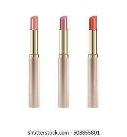 Set of realistic lipsticks with reflection isolated on white background, mock up, vector illustrator