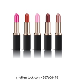 Set of realistic lipsticks with reflection isolated on white background, mock up, vector illustrator
