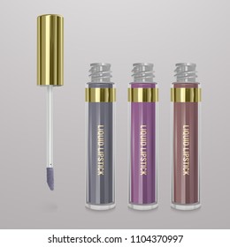 Set of realistic, liquid lipstick. 3d illustration, trendy cosmetic design for advertisement