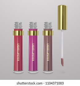 Set of realistic, liquid lipstick. 3d illustration, trendy cosmetic design for advertisement