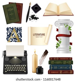 Set of realistic literature objects pens with inkwell vintage books and typewriter isolated vector illustration