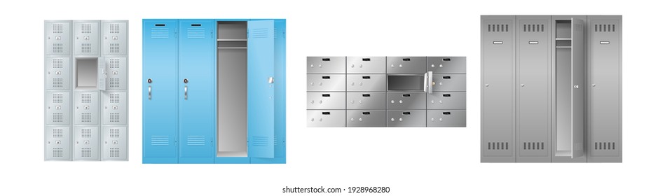 Set of realistic lockers for storage in school, gym, postal or bank, template on white background. Secured steel cabinets rows. 3d vector illustration
